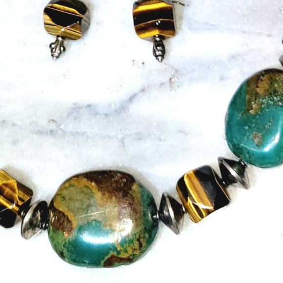 Chunky Turquoise Tiger Eye Sterling 925 Necklace 20" earrings set - Picture 6 of 7